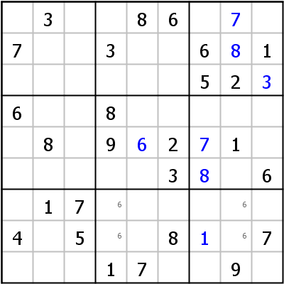 Sudoku Lsungstechnik: Beispiel fr Locked+Candidates+Type+2+%28Claiming%29